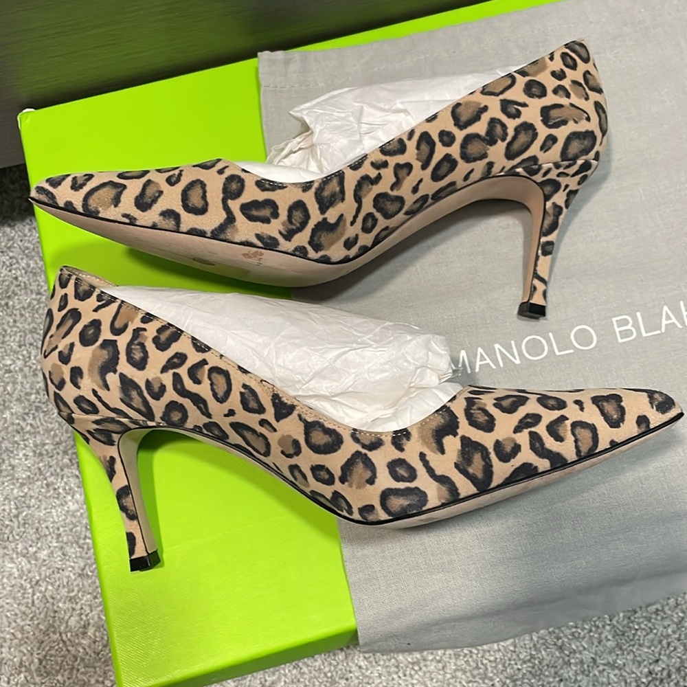 Manolo Blahnik leopard suede heels